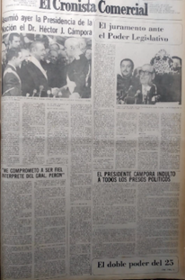 La asuncin de Cmpora el 25 de mayo de 1973 (El Cronista Comercial, 26 de mayo de 1973)