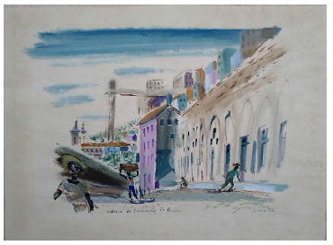 Aquarela de Gori Muñoz realizada durante sua viagem pela Bahia, para buscar locações do filme María Magdalena, de Carlos Hugo Christensen, 1954.
