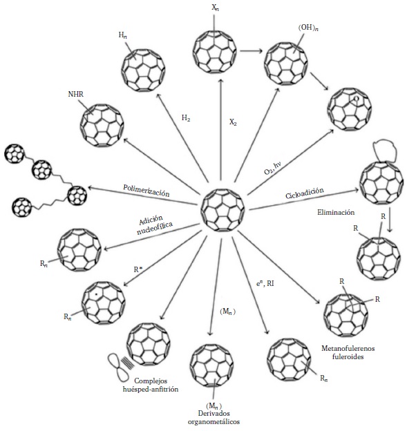 Esquema de las diferentes reacciones de la sustancia C60,
							es decir, de moles de C60, no de la mol&eacute;cula individual
								C60 (Djordjevic
									et al. 2015).