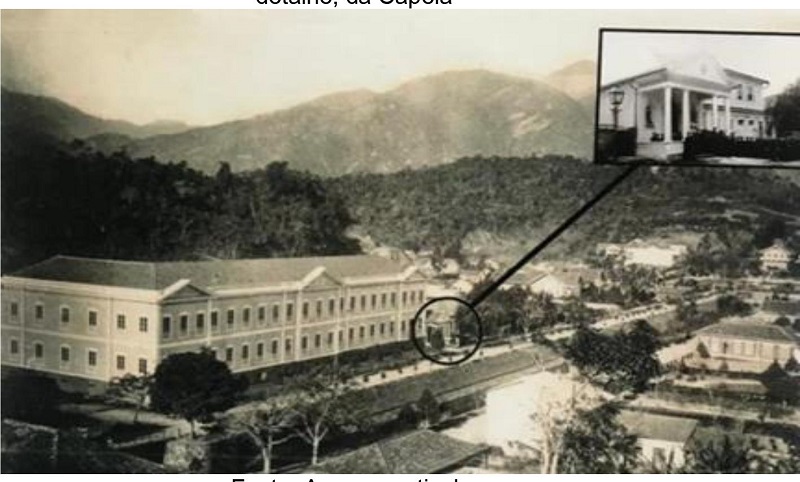 Fotografia da Escola Doméstica de Nossa Senhora do Amparo em 1870, com a ampliação, no detalhe, da Capela2