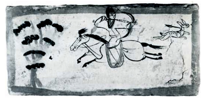 Jinete cazando una liebre, siglos III-IV a.n.e., pintura sobre ladrillo, 17 &times; 36 cm, tumba pr&oacute;xima a Chiayukuan, provincia de Kansu
