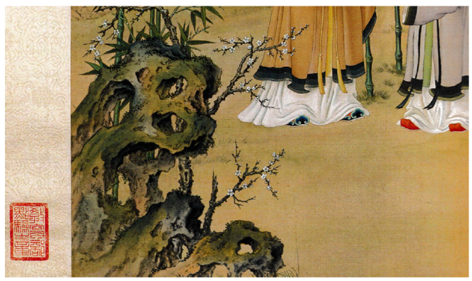 Giuseppe Castiglione (Lang Shining), Huadixianmang to (fragmento del rollo), Ping&rsquo;an chun xin tu (Mensajes de una primavera pac&iacute;fica), hacia 1735, rollo vertical, tinta y color sobre seda, The Palace Museum, Beijing