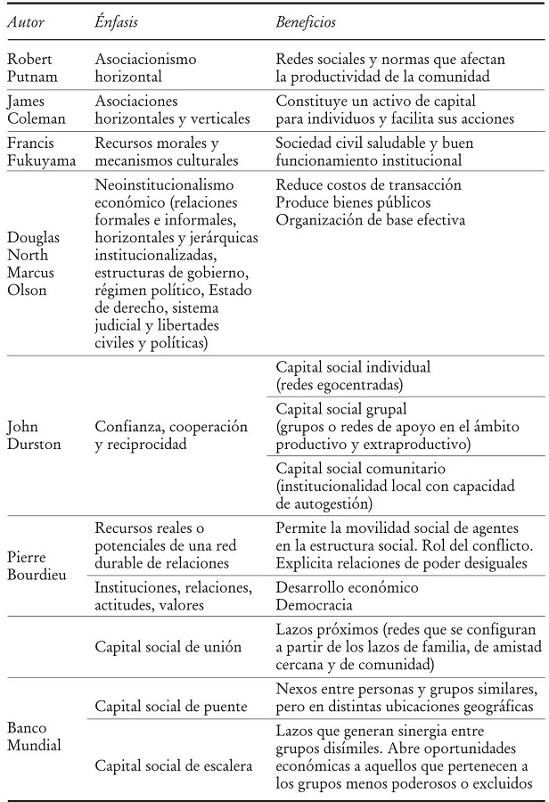 Definiciones de capital social. &Eacute;nfasis y beneficios seg&uacute;n autor.