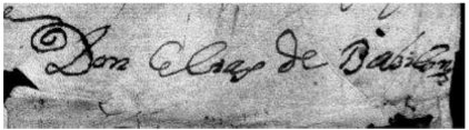 Firma de don El&iacute;as que aparece en una petici&oacute;n al rey incluida en la licencia para pasar a las Indias, 1675 (AGI, Contrataci&oacute;n, leg. 5440, N. 2, R. 135). Comp&aacute;rese con la firma de la siguiente imagen.
