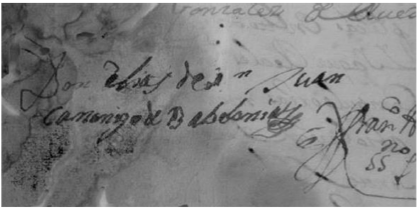 Firma contenida en un documento del Archivo Hist&oacute;rico Provincial de C&aacute;diz, c. 1697, en el que aparece como don El&iacute;as de San Juan (Ghobrial, 2014, p. 92). Comp&aacute;rese con la firma de la imagen anterior.