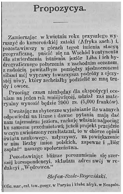 Anuncio de Stefan Szolc-Rogoziński publicado en la revista Wędrowiec