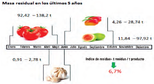 Etapas de procesamiento y cantidad de masa residual de frutos y hortalizas que fundamentalmente se procesan en la UEB 19 abril.