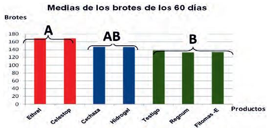 Formaci&oacute;n de grupos homog&eacute;neos seg&uacute;n la Prueba de M&uacute;ltiples rangos de Tukey (95%) para las medias de los brotes de los 60 d&iacute;as.