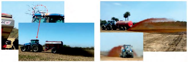 M&aacute;quinas de distribuci&oacute;n de compost y vinaza. Obs&eacute;rvese la antena que permite su distribuci&oacute;n espacial. Esta facilidad (dentro del concepto de AP), permite mejor distribuci&oacute;n y garantizar su distribuci&oacute;n las 24 horas del d&iacute;a.