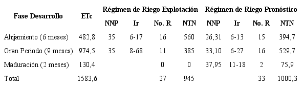 Comparaci&oacute;n de los resultados de la programaci&oacute;n del riego en las diferentes fases de desarrollo de la ca&ntilde;a de az&uacute;car
