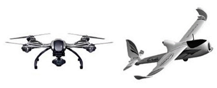 Drones utilizados en la agricultura: (a) multirrotor (cuadricóptero), (b) de ala fija.