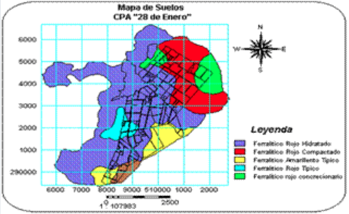 Mapa de suelos con la estructura de las áreas cañeras de la CPA 28 de enero.