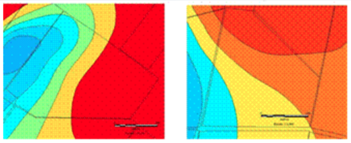 Acercamiento en los mapas de contornos de los contenidos de fósforo (A) y potasio (B) en dos campos cañeros de la CPA.