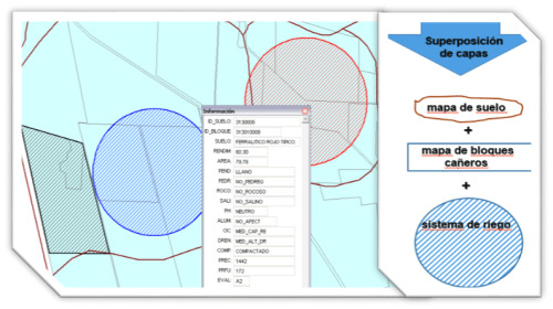 Sección del mapa de distribución espacial de sistemas de riego de la empresa azucarera Mario Muñoz Monroy. A la derecha se muestran las capas temáticas principales que se superponen y el despliegue de información temática asociada.