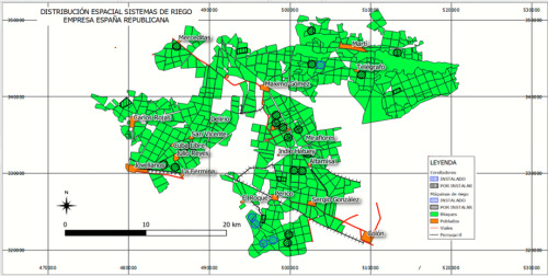 Mapa con la distribución espacial de máquinas de pivote central y polígonos de los aspersores o enrolladores en la empresa azucarera España Republicana.