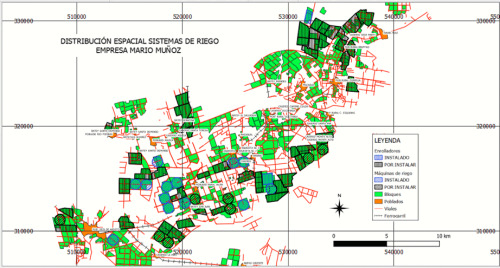 Mapa con la distribución espacial de máquinas de pivote central y polígonos de los aspersores o enrolladores en la empresa azucarera Mario Muñoz Monroy.