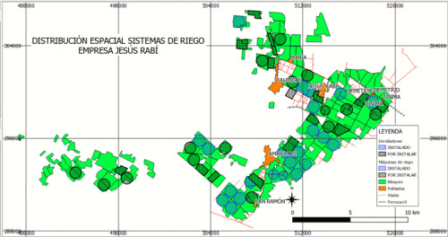Mapa con la distribución espacial de máquinas de pivote central y polígonos de los aspersores o enrolladores en la empresa azucarera Jesús Rabí.