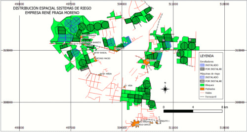 Mapa con la distribución espacial de máquinas de pivote central y polígonos de los aspersores o enrolladores en la empresa azucarera René Fraga Moreno.