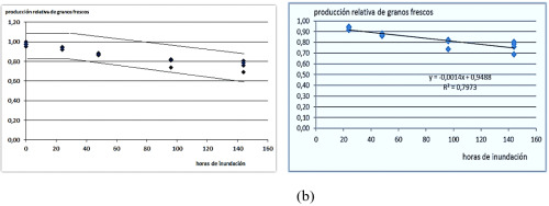 Comportamiento de la producci&oacute;n relativa de granos frescos en funci&oacute;n de las horas de inundaci&oacute;n (a) y a partir de 24 h sin afectaciones por la inundaci&oacute;n (b), en &eacute;poca de primavera.