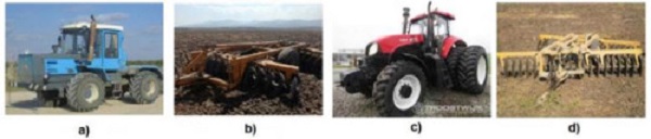 Tractores utilizados para formar agregado con las gradas. a) Tractor XTZ 150K 09. b) Grada Baldan de 24 discos. c) Tractor YTO 1804 d) Grada Baldan de 52 discos.