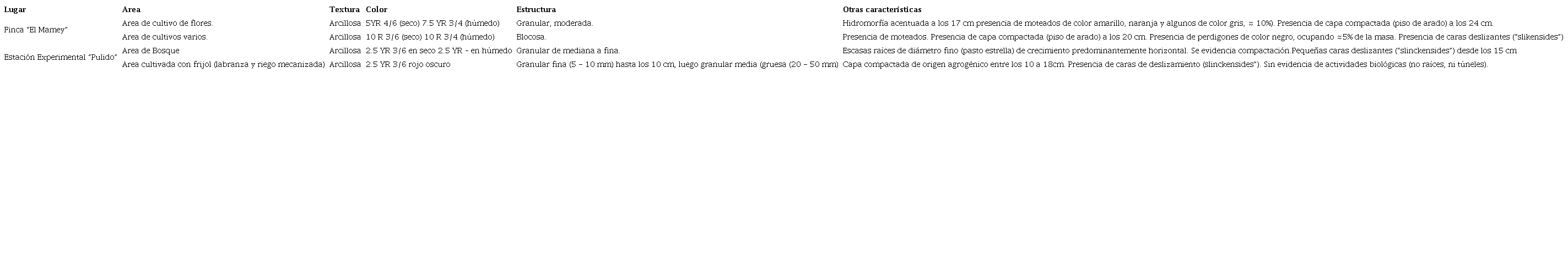 Aspectos macromorfológicos en los puntos evaluados