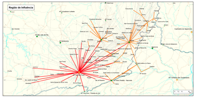 Ejemplo de un modelo geogrfico para el estudio de ciudades intermedias. Se muestra la regin de influencia del “aglomerado poblacional” (AP) de la ciudad de Juiz de Fora (Minas Gerais, Brasil) y sus conexiones externas.