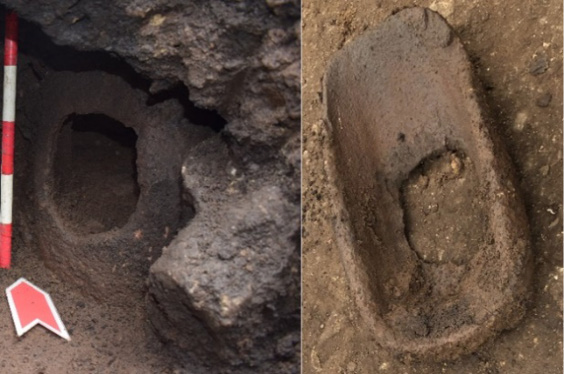 Metate utilizado como laja de entrada, sitio 136, corte 4, tumba 5