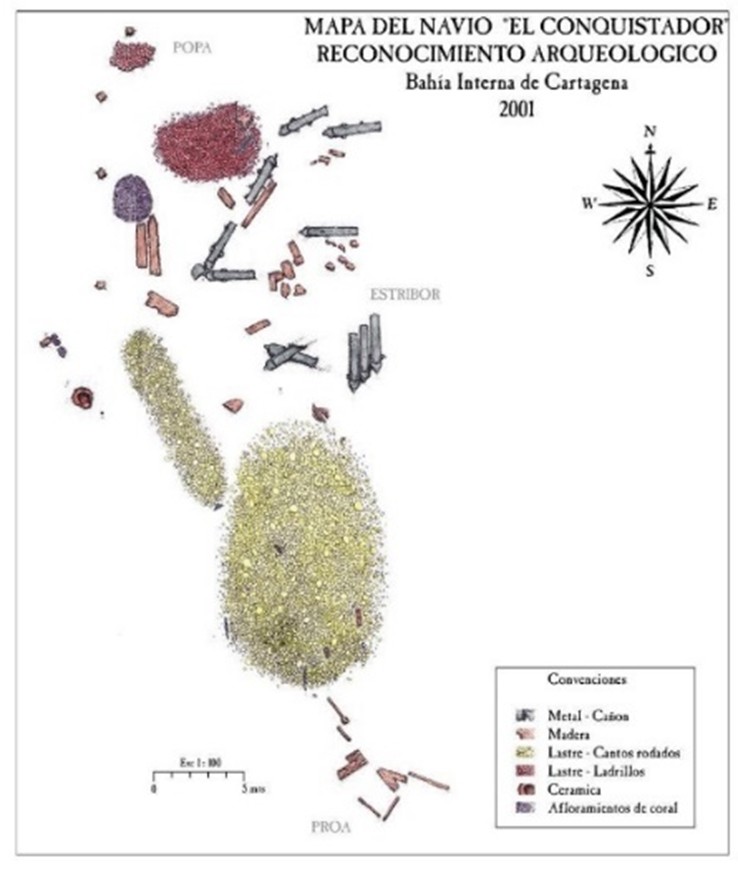 Mapa del posible naufragio El Conquistador
