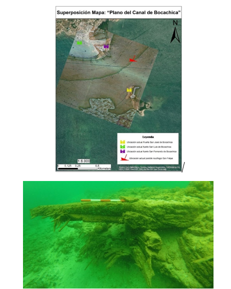 Superposici�n de cartograf�a hist�rica del canal de Bocachica y elementos estructurales del posible naufragio San Felipe identificados durante las labores de dragado