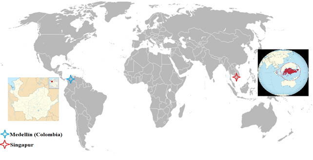 Localizacin de Medelln y Singapur en el mapa