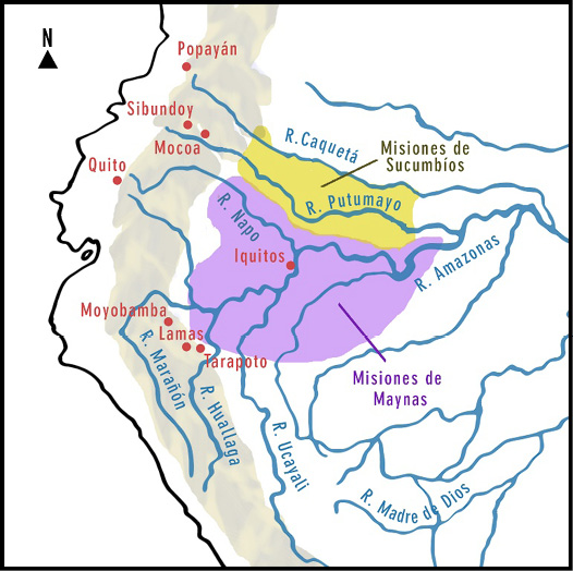 Amazona noroccidental y sus territorios de misin. Mapa conceptual y aproximado que muestra las zonas de actividad de los jesuitas en Maynas y de los franciscanos en Sucumbos.