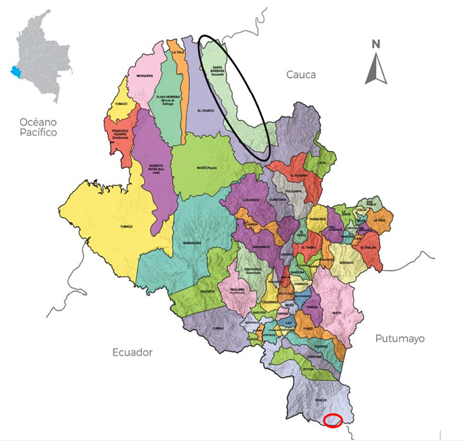 Localizacin del municipio de Santa Brbara (en crculo negro) y de los territorios negros en Sucumbos (en crculo rojo)