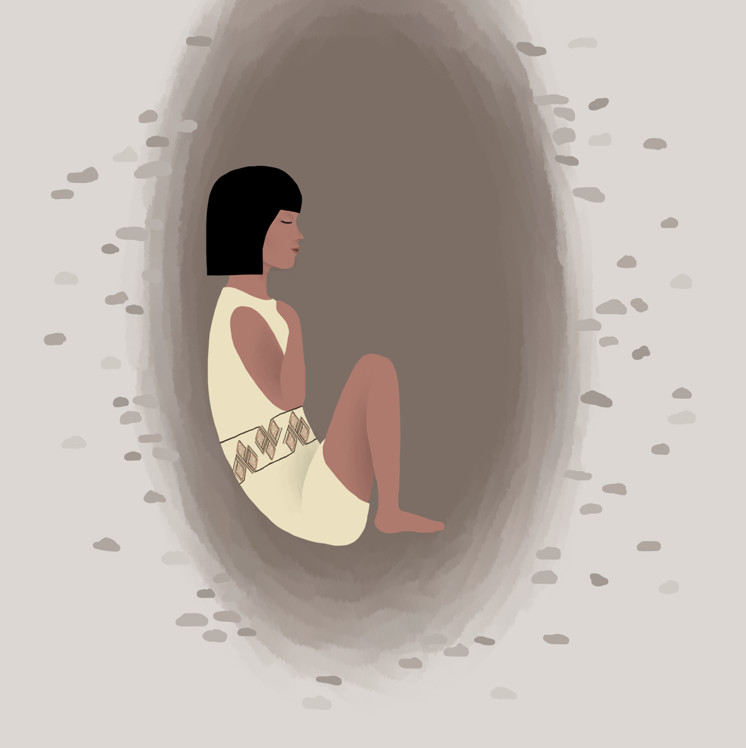 Reconstrucci�n hipot�tica de c�mo pudo verse la tumba durante el ritual funerario, corte lateral del enterramiento