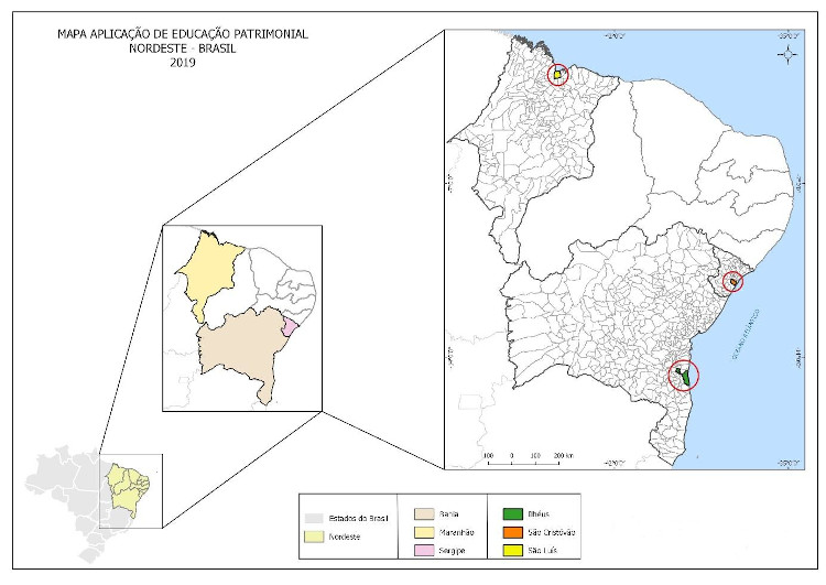 Figura 1 – Localização dos Três Centros Históricos, Espaços Objetos de Estudo