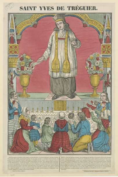 Fuente: Saint Yves de Tréguier : [estampe], Editeur : Pellerin,
								1852. Grabado sobre madera en color, 60 x 40 cm. Biblioth.que
								nationale de France, d.partement Estampes et photographie,
								fol-lifol-li-59 (4). Imagen en formato JPG, de dominio público