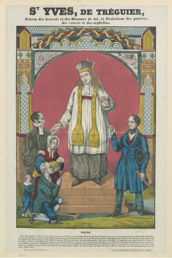 San Yves, de Tréguier, patron de los abogados y hombres de ley,
								protector de los pobres, las viudas y los huérfanos. Fuente: St
								Yves, de Tréguier, Patron des Avocats et des Hommes de loi, et
								Protecteur des pauvres, des veuves et des orphelins : [estampe],
								Fabrique de Pellerin, Imprimeur-libraire . Epinal [1842], grabado
								sobre Madera con color, 61 x 40 cm, Biblioth.que nationale de
								France,d.partement Estampes et photographie, fol-lifol-li--59 (3).
								Imagen en formato jpg de dominio publico