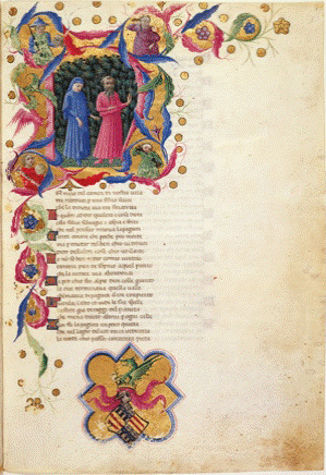 La Divina comedia de Alfonso de Arag&oacute;n, el Magn&aacute;nimo (primera mitad del s. XV). Primera p&aacute;gina del Infierno dantesco, con el escudo de la corona de Arag&oacute;n. Archivo de la British Library, Yates Thompson 36.