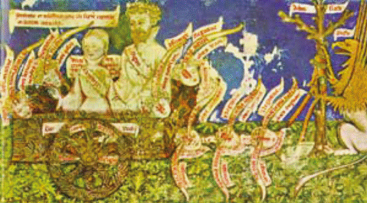 Carruaje aleg&oacute;rico con la presencia del Anticristo en la iglesia (Purgatorio, XXXII), Divina comedia, manuscrito del s. XIV-XV. Archivo de la Biblioteca Nazionale &ldquo;Vittorio Emanuele III&rdquo; de Napoles (BN, B. Branc. Sez. Dant. A 16).