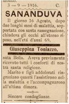 Obiturio de Santa Giuseppina Toniazzo