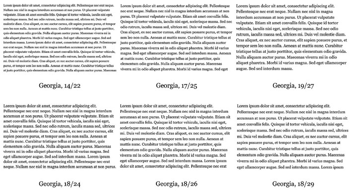 Comparación de un mismo  tipo de letra  (Georgia) con diferentes valores de cuerpo e interlínea, conforme al rango mayoritario extraído del trabajo empírico