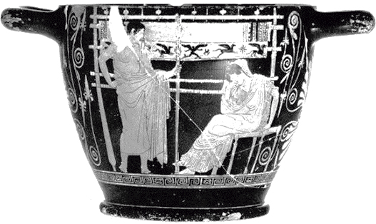 “Penélope ante su telar”. Skyphos de figuras rojas (Hauser). Italia, Chiusi. Col. Chiusi, Museo Archeologico Nazionale: 63.564. BADN: 216.789. 450-400 a.e.