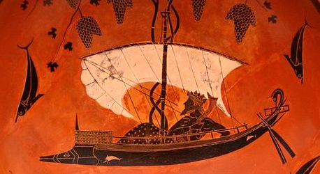 &ldquo;Dioniso en una embarcaci&oacute;n, navegando entre delfines&rdquo;. K&iacute;lix &aacute;tico de figuras negras, ca. 530 a. C. Procedencia: Vulci. 