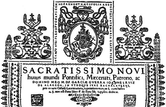 Parte superior del actillo de Juan Ruiz de Alarc&oacute;n para su tesis de Licenciatura en Derecho, 1609. Reproducido por Francisco de la Maza 1944, p. 28 (Ilustraci&oacute;n 4).