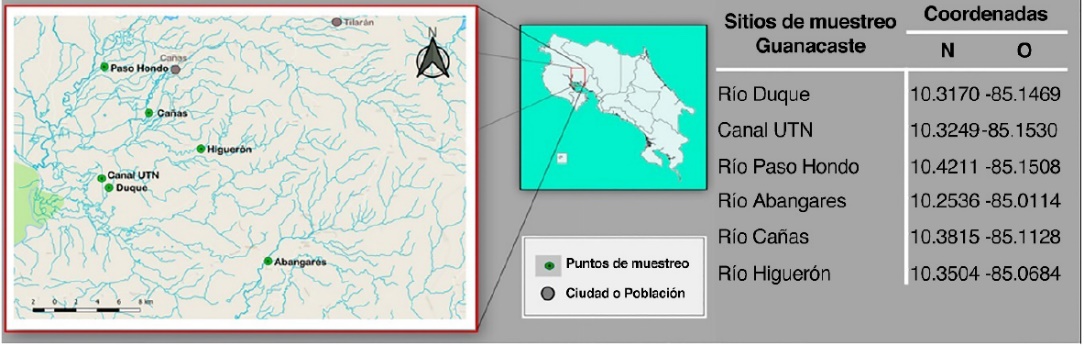 Mapa de coordenadas geogrficas donde se llevaron a cabo los muestreos en la provincia de Guanacaste Costa Rica