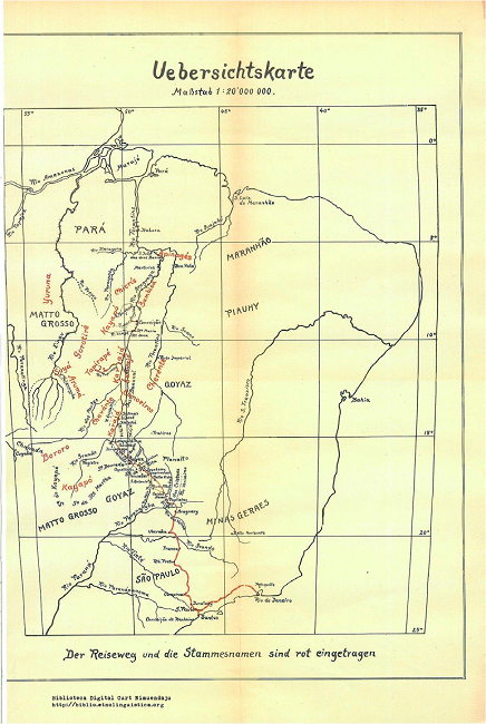 Mapa panor&acirc;mico publicado em Krause, 1911, &ldquo;In den Wildnissen Brasiliens&rdquo;