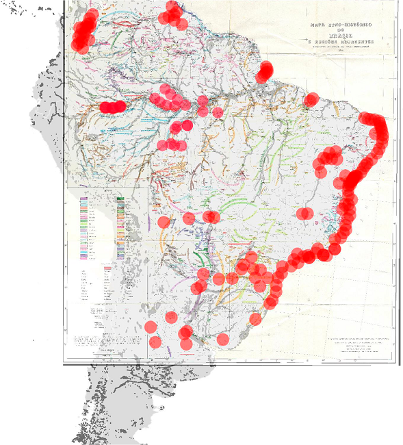 Mapa Etno-hist&oacute;rico georreferenciado com a sobreposi&ccedil;&atilde;o do mapa atual. Destaque para os pontos em vermelho, representando informa&ccedil;&otilde;es do s&eacute;culo XVI filtradas do mapa original