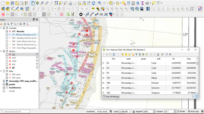 &ldquo;Mapa Etno-hist&oacute;rico&rdquo; de Nimuendaj&uacute; no software de geoprocessamento, com destaque para a tabela de dados criada e organizada com os dados dos &ldquo;&Iacute;ndices&rdquo; presentes na obra original