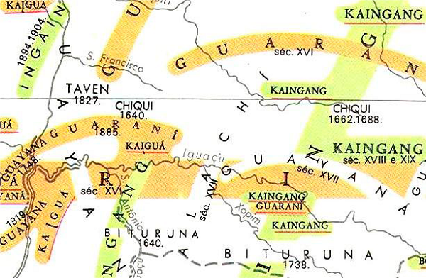 Destaque para o sistema de datas utilizado por Nimuendaj&uacute;, indicadas abaixo de cada etn&ocirc;nimo
