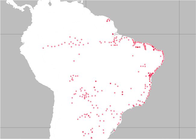 Localiza&ccedil;&atilde;o de pontos do conjunto de grupos indicados por Southey dentro do &ldquo;Mapa Etno-Hist&oacute;rico&rdquo;