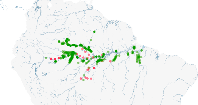 Contraste entre localiza&ccedil;&atilde;o de pontos do conjunto de grupos indicados por Noronha dentro do &ldquo;Mapa Etno-Hist&oacute;rico&rdquo; (em vermelho) e dos pontos identificados pela pesquisa recente de Rendeiro e Ramalho (2016) (em verde)